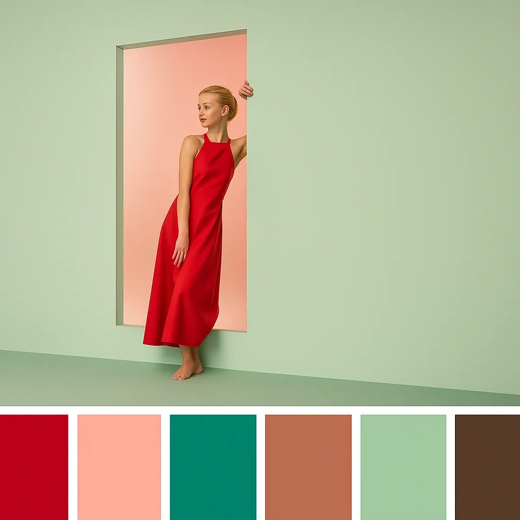 Femme en robe rouge éclatante encadrée de rose, dans un décor vert pastel, avec une palette de couleurs complémentaires en bas de l’image