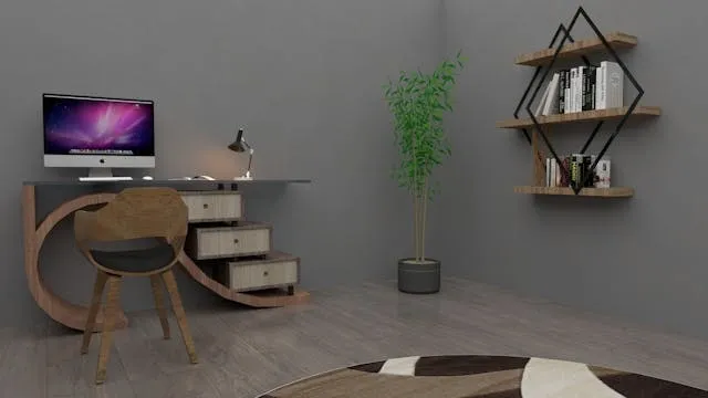 Coin bureau contemporain avec meuble en bois courbé, chaise design et étagères hexagonales, dans un intérieur aux tonalités sobres et équilibrées