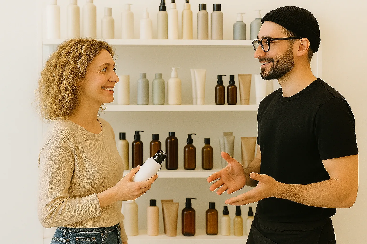 Conseil capillaire individualisé entre un coiffeur et sa cliente devant une étagère de soins professionnels dans un salon haut de gamme