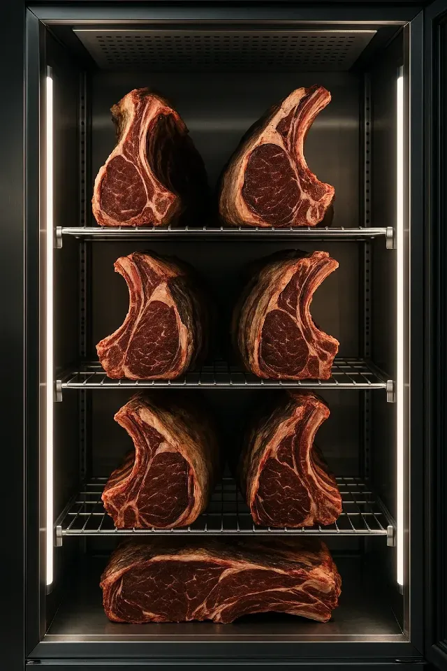 Côtes de bœuf en maturation sur étagères inox d’une armoire professionnelle, mises en scène comme des pièces gastronomiques
