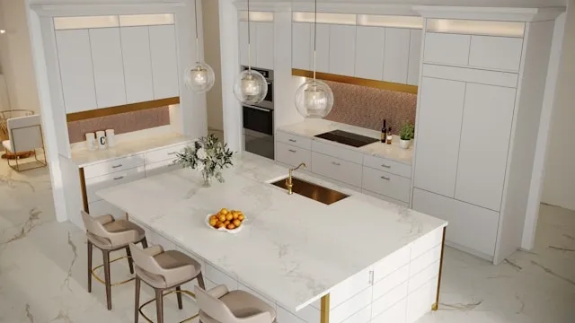 Cuisine contemporaine blanche avec îlot central en marbre veiné et suspensions design, espace lumineux et épuré