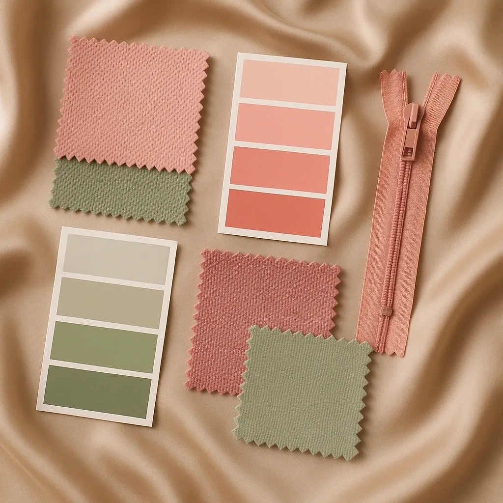 Nuanciers rose poudré et vert sauge avec échantillons de tissus et fermeture éclair, posés sur soie beige pour projet textile ou design intérieur