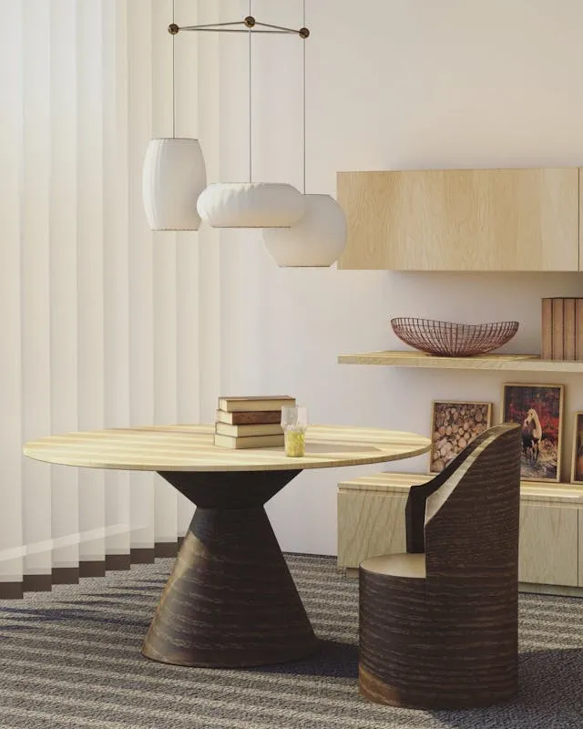 Espace repas lumineux avec table ronde en bois clair, suspension textile blanche et mobilier en bois texturé à lignes sobres