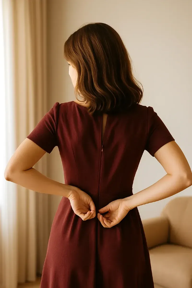 Femme vue de dos ajustant une robe bordeaux dans une pièce épurée et lumineuse, dans un moment d’intimité silencieuse