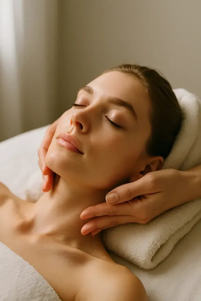 Femme allongée les yeux fermés recevant un massage relaxant du visage dans un spa, ambiance douce et naturelle de bien-être