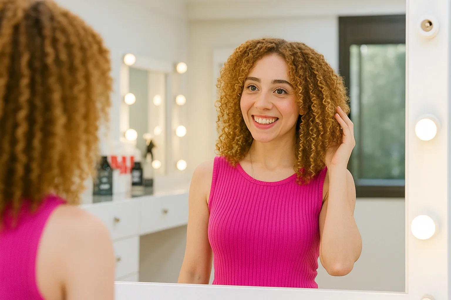 Femme souriante observant sa coiffure bouclée finale dans le miroir d’un salon lumineux