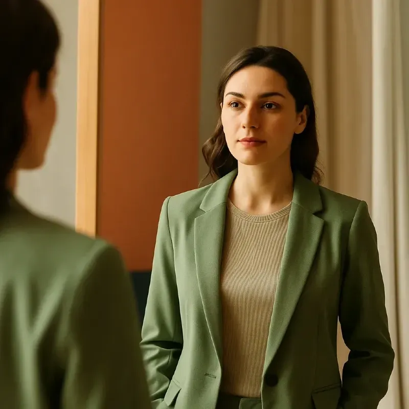 Femme en tailleur vert sauge debout face à un miroir, concentrée, dans un intérieur baigné de lumière naturelle