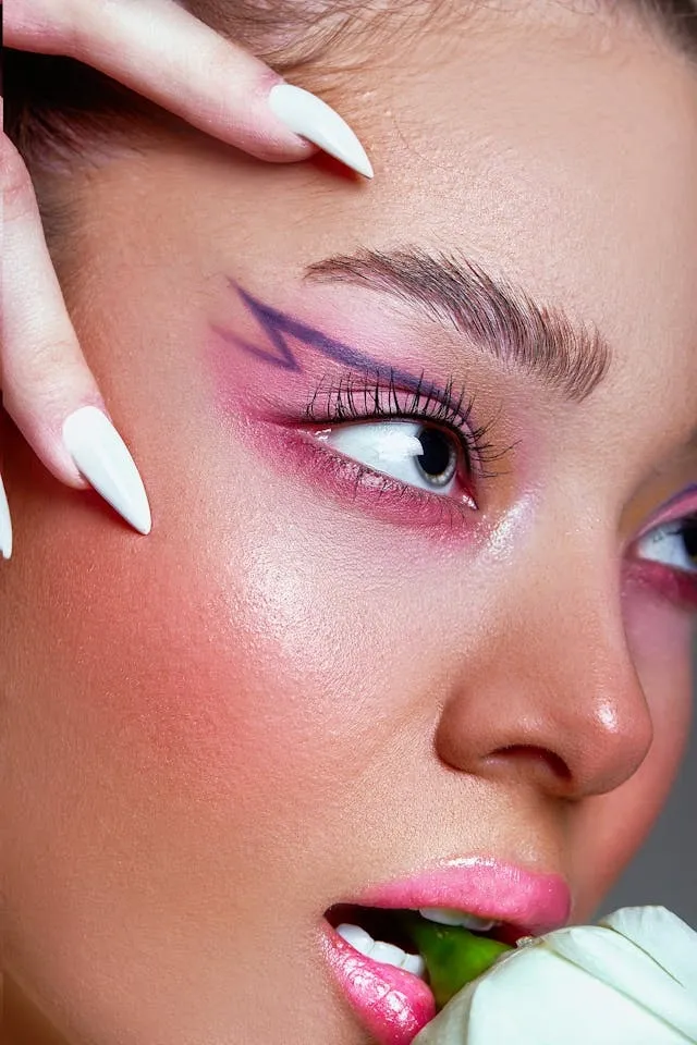 Zoom sur un maquillage rose fuchsia artistique avec liner graphique violet et lèvres glossy, inspiration edgy pour beauty editorials.