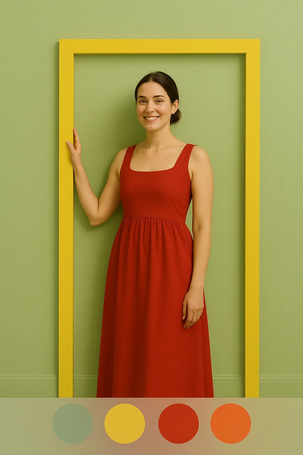 Femme en robe rouge posant dans un encadrement jaune sur fond vert pistache, avec palette chromatique coordonnée en bas d’image