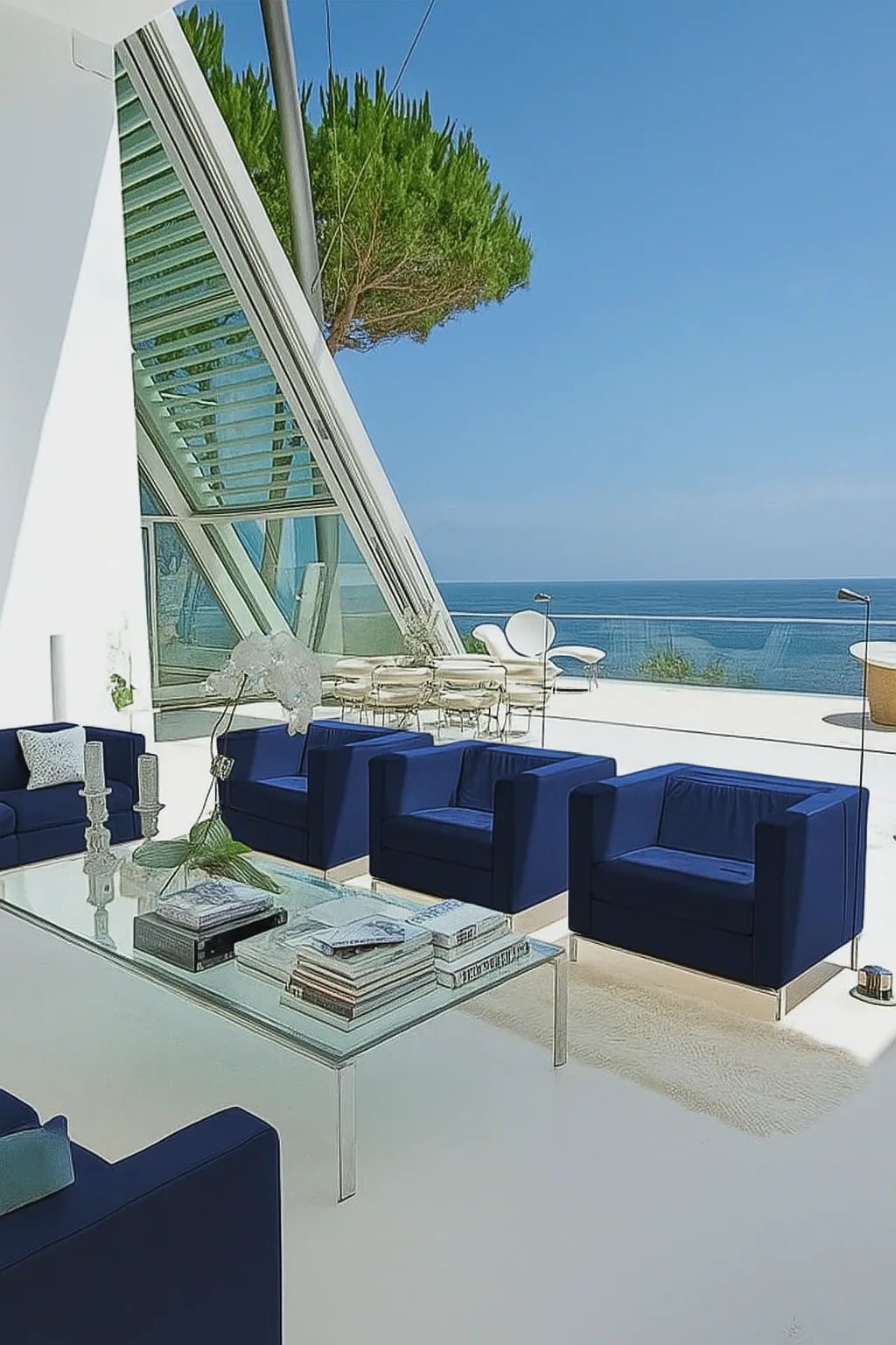 Salon design avec fauteuils bleu marine et table basse en verre, situé dans une villa contemporaine face à la mer et ouvert sur une terrasse ensoleillée