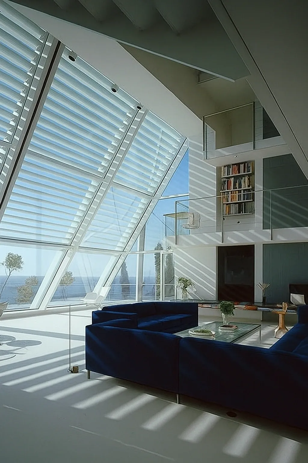 Salon lumineux avec baies vitrées inclinées et canapés bleu nuit, offrant une vue dégagée sur la mer depuis une maison contemporaine