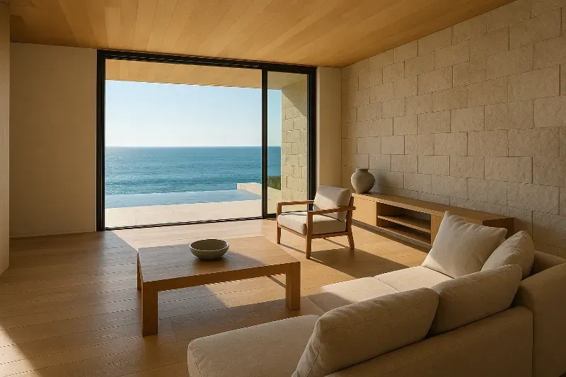 Salon minimaliste avec baie vitrée ouverte sur la mer, mettant en valeur des matériaux nobles comme le bois et la pierre dans une ambiance épurée