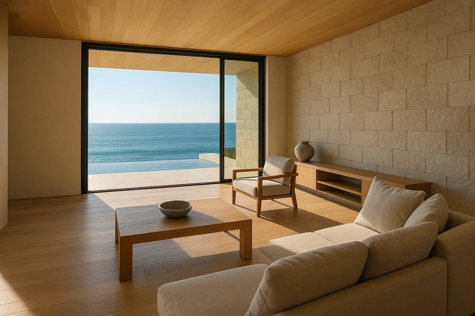 Salon minimaliste avec baie vitrée ouverte sur la mer, mettant en valeur des matériaux nobles comme le bois et la pierre dans une ambiance épurée