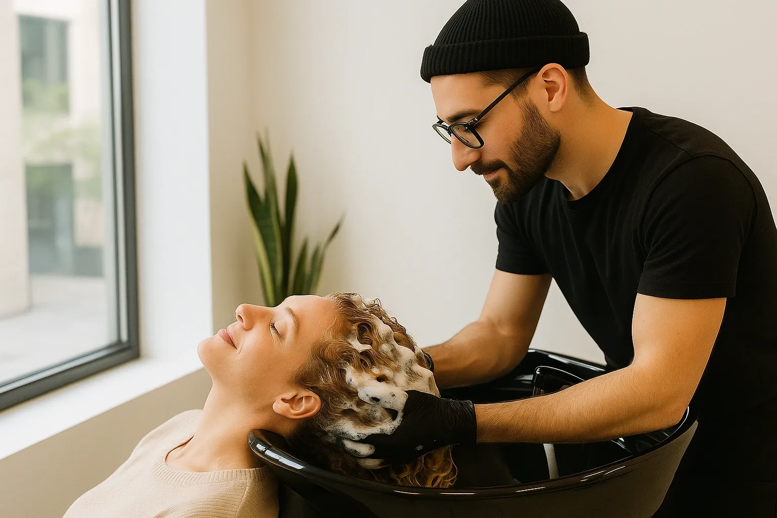 Shampoing relaxant appliqué par un coiffeur dans un salon lumineux à ambiance végétale, moment de soin et de détente