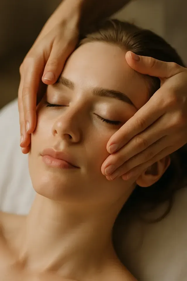 Soin du visage en institut avec massage facial aux gestes lents sur une femme détendue, peau apaisée et lumière naturelle