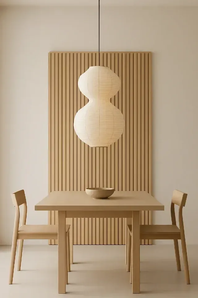 Salle à manger minimaliste avec table en bois clair et suspension sculpturale aux lignes organiques d’inspiration japonaise