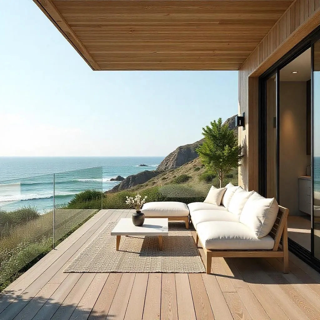 Terrasse contemporaine en bois clair avec canapé blanc et table basse, surplombant l’océan et les falaises dans une ambiance ouverte et apaisée