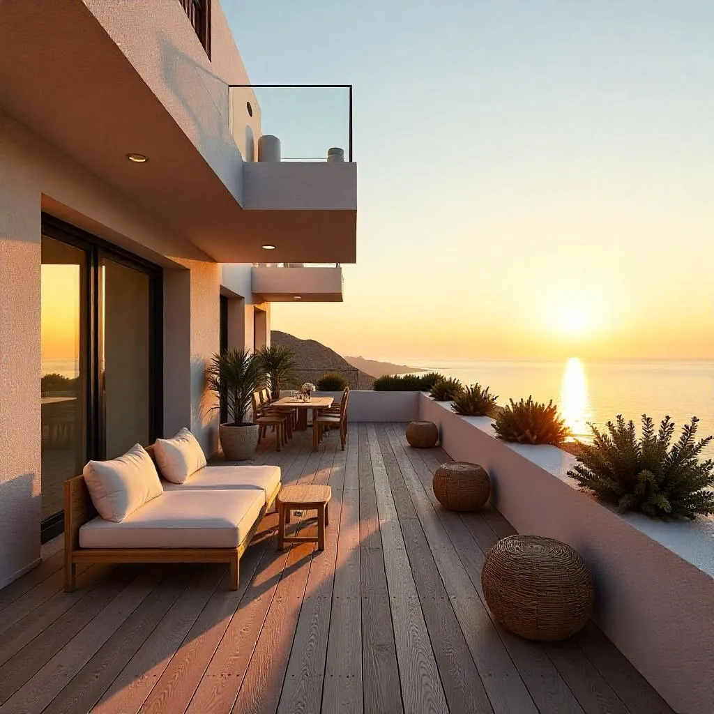 Salon épuré en bois clair avec cheminée moderne allumée, grande baie vitrée ouverte sur la mer et atmosphère minimaliste naturelle