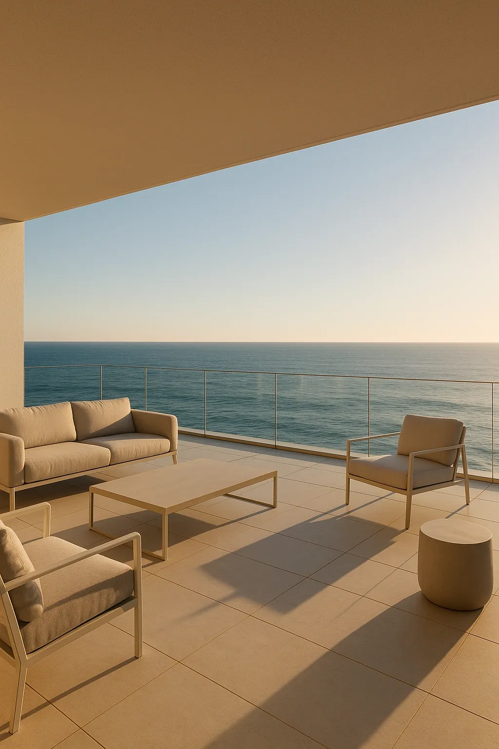 Terrasse contemporaine avec mobilier clair, baignée de lumière dorée et ouverte sur la mer dans une continuité harmonieuse avec l’intérieur