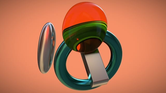 formes géométriques et sphère colorée façon bijou numérique sur fond orangé en 3D