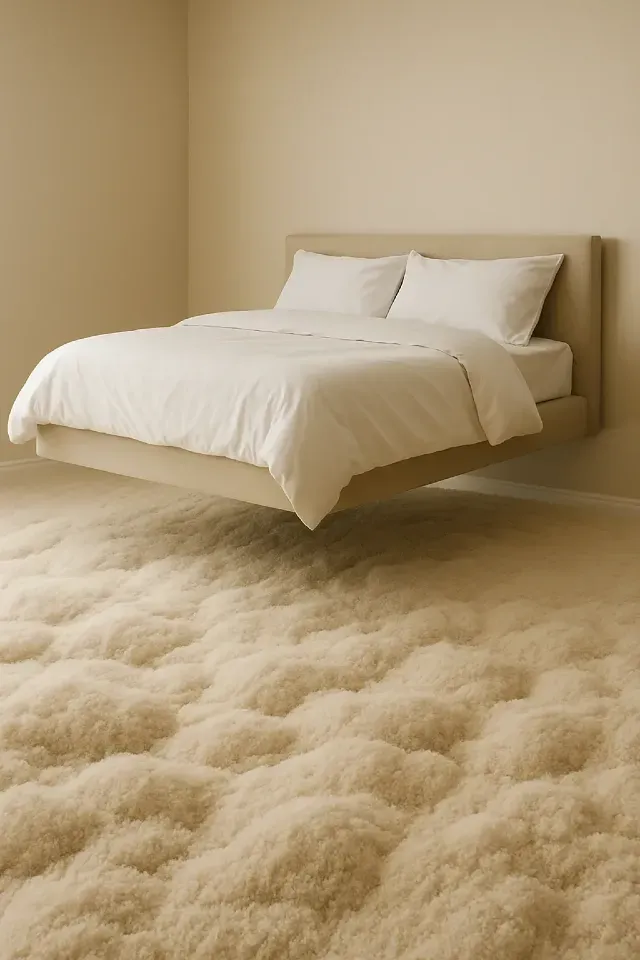 "Lit suspendu beige au-dessus d’un sol doux et flou rappelant une mer de nuages crème, design de chambre onirique et apaisante