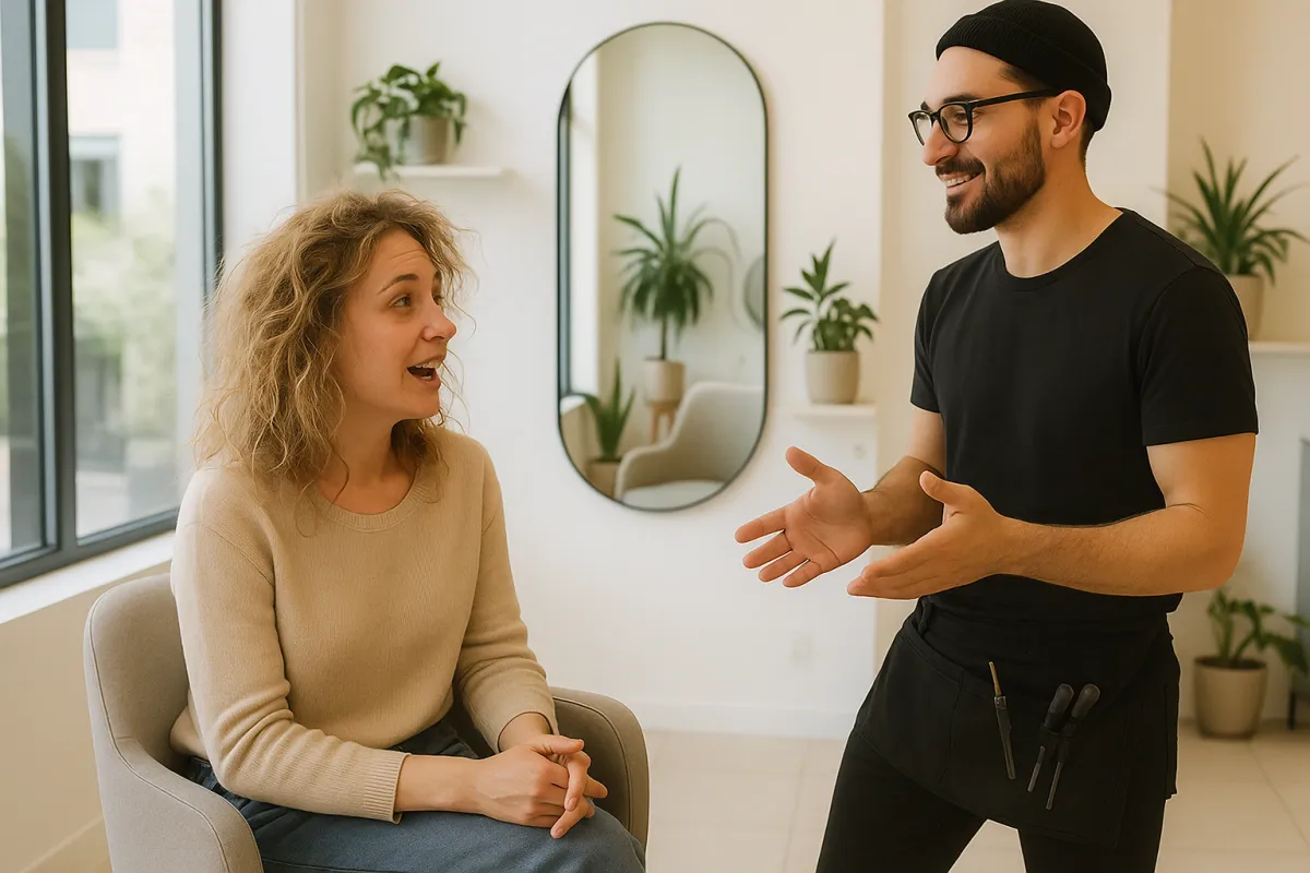 Coiffeur échangeant avec une cliente dans un salon lumineux à décoration végétale, ambiance complice et naturelle