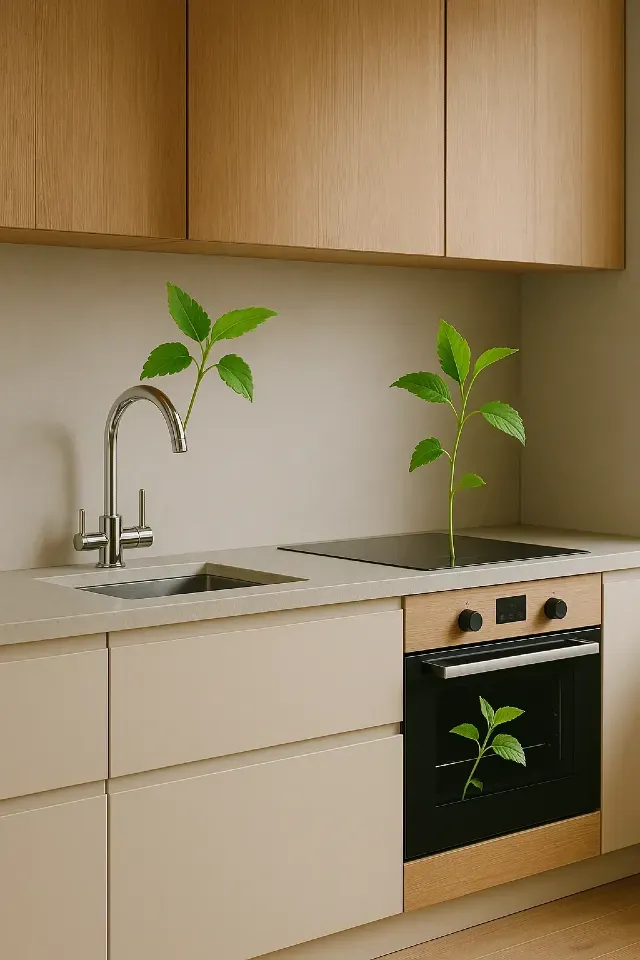 Cuisine épurée beige avec jeunes pousses vertes disposées dans l’évier et sur la plaque de cuisson, atmosphère végétale et minimaliste
