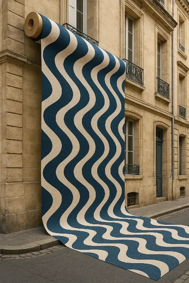 Façade en pierre de Bordeaux avec installation artistique d’un rouleau de tissu géant bleu à motif ondulé