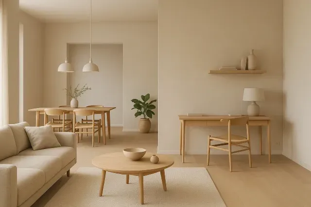 Intérieur épuré avec salon et salle à manger en bois clair, décoration beige inspirée du design nordique naturel