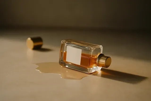 Flacon de parfum en verre couché, liquide ambré répandu sur fond beige texturé, ambiance sensorielle