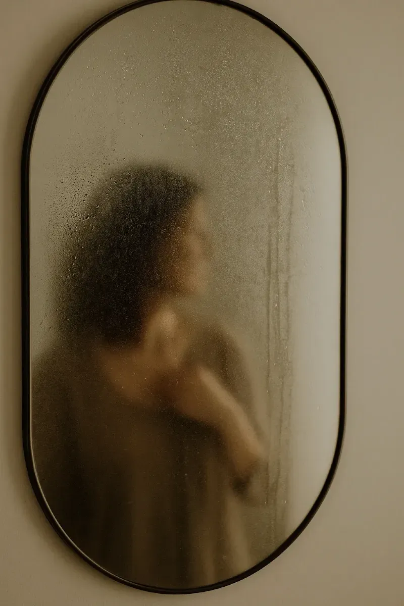 Silhouette floue d’une femme se reflétant dans un miroir ovale embué, dans une atmosphère douce et tamisée