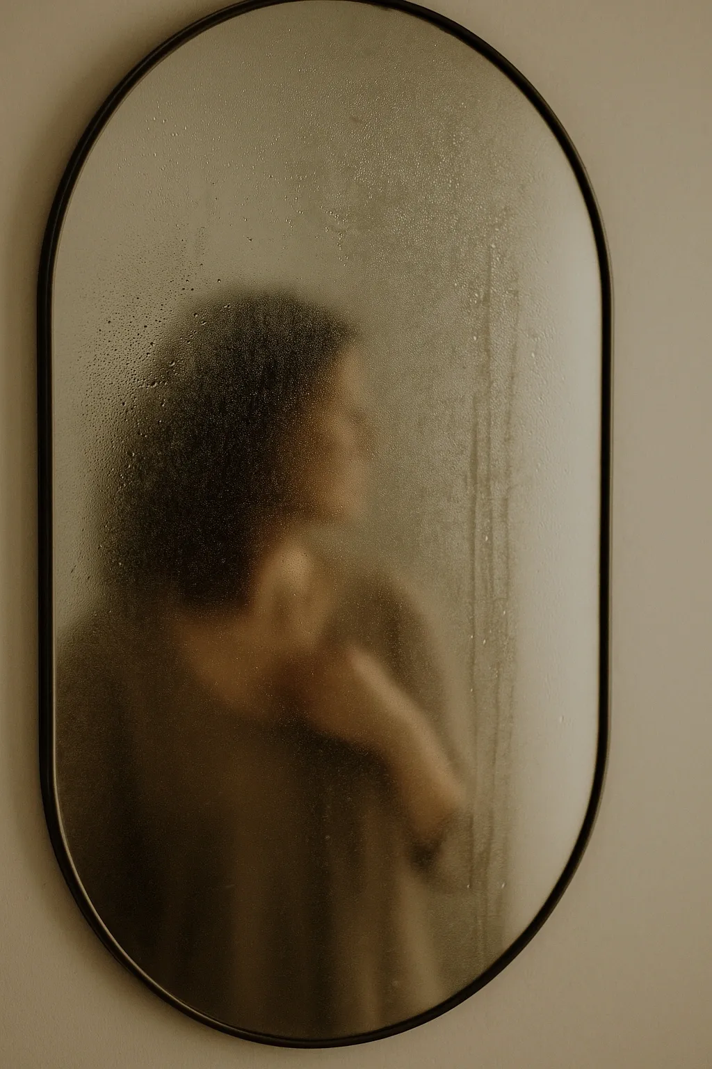 Silhouette floue d’une femme se reflétant dans un miroir ovale embué, dans une atmosphère douce et tamisée