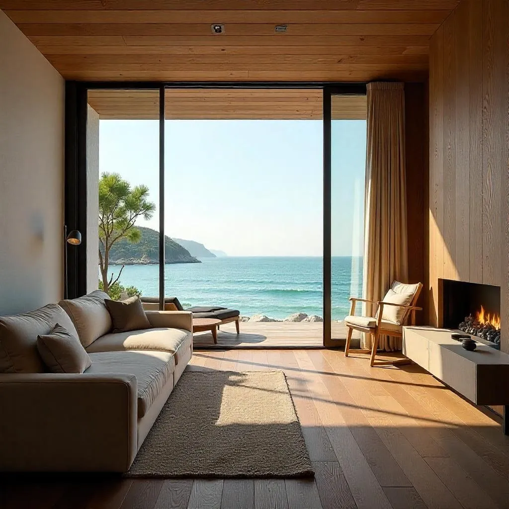Salon épuré en bois clair avec cheminée moderne allumée, grande baie vitrée ouverte sur la mer et atmosphère minimaliste naturelle