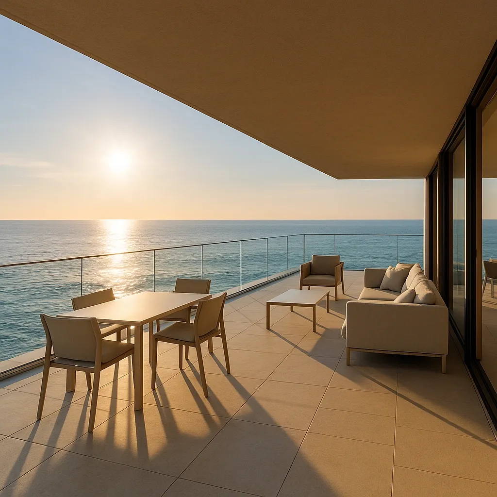 Salon contemporain baigné de lumière naturelle, avec matériaux nobles et tons neutres, ouvert sur la mer par une large baie vitrée