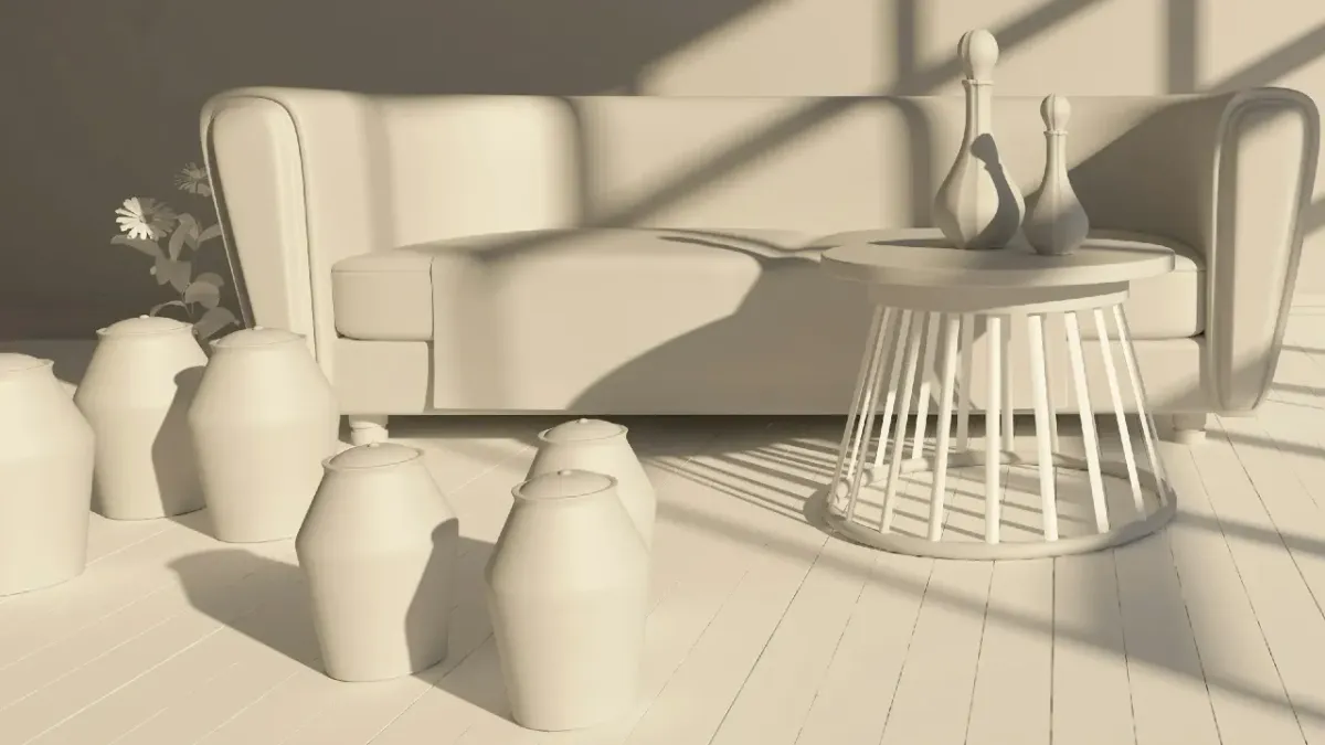 Salon design minimaliste en tons neutres avec canapé, table basse et objets décoratifs – ambiance lumineuse et contemporaine