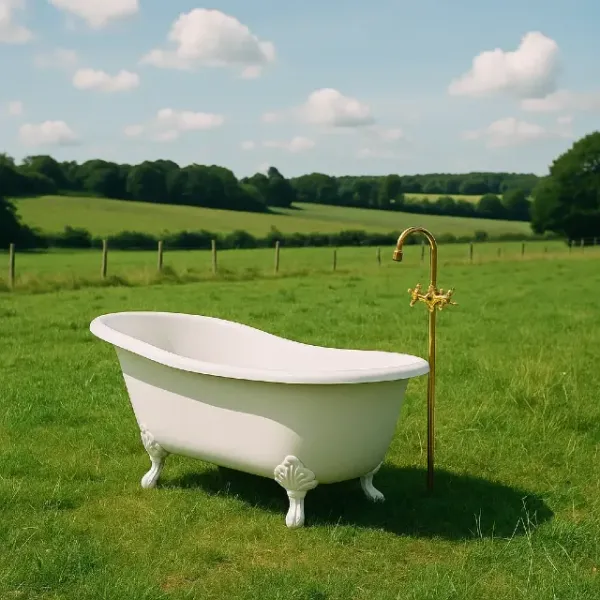 Baignoire sur pied blanche avec robinet doré installée en plein champ vert, scène de bain en pleine nature estivale