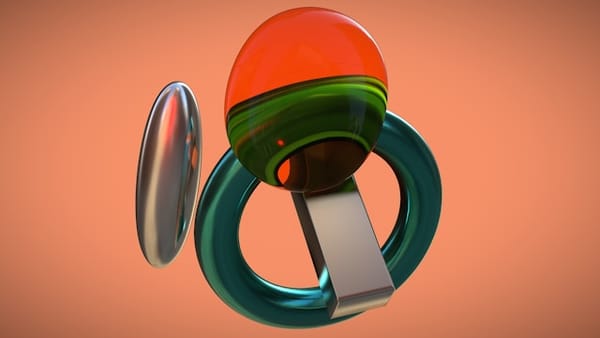 formes géométriques et sphère colorée façon bijou numérique sur fond orangé en 3D
