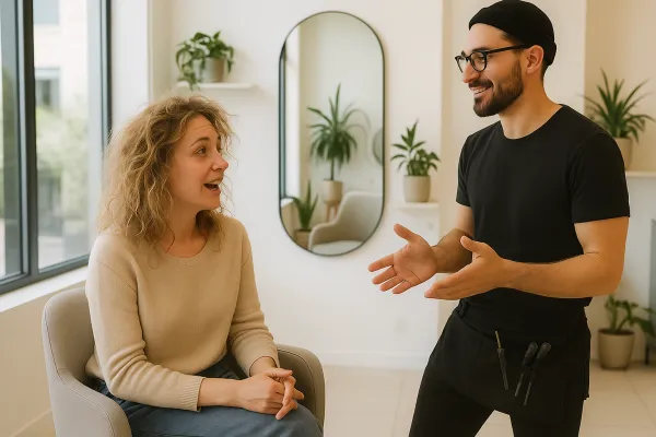 Coiffeur échangeant avec une cliente dans un salon lumineux à décoration végétale, ambiance complice et naturelle