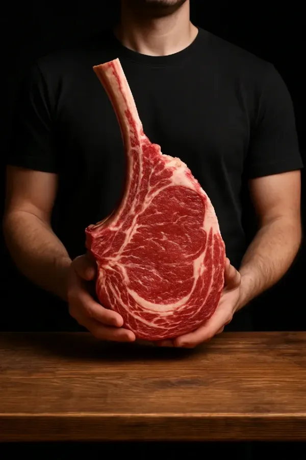 Pièce de bœuf crue à l’os présentée à deux mains sur fond sombre, entre geste maîtrisé et matière brute