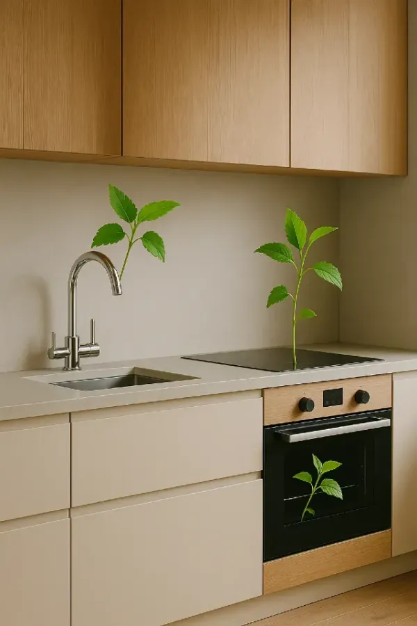 Cuisine épurée beige avec jeunes pousses vertes disposées dans l’évier et sur la plaque de cuisson, atmosphère végétale et minimaliste