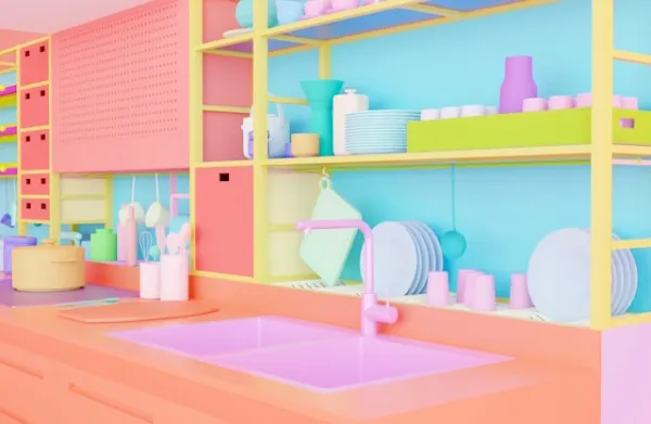 Cuisine contemporaine aux couleurs pastel et pop, évier rose vif, étagères ouvertes et design graphique
