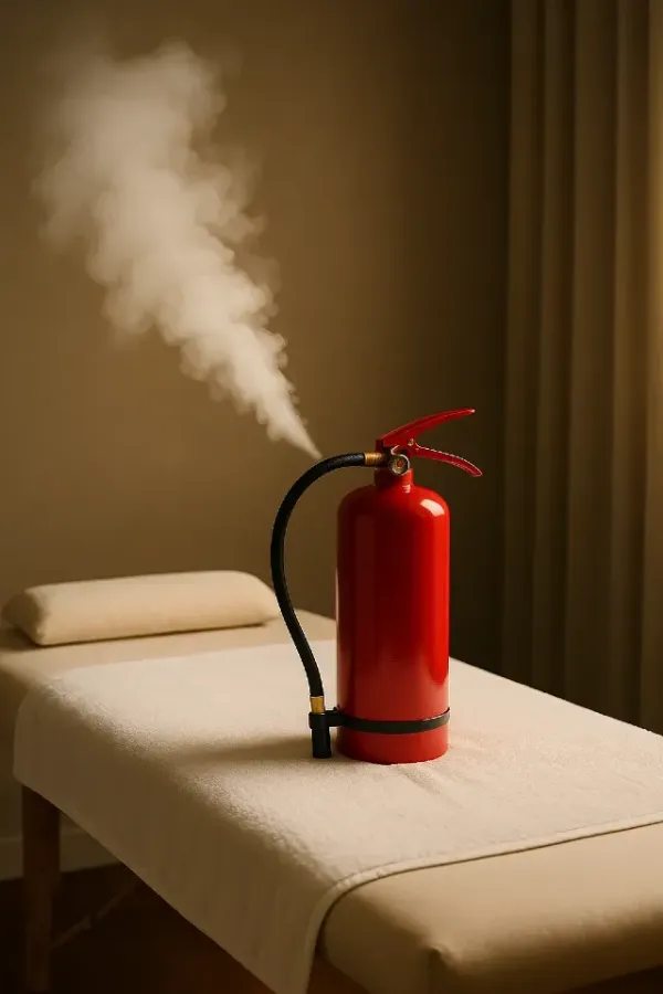 Extincteur rouge diffusant de la vapeur posé sur table de massage beige, contraste visuel fort et décalé