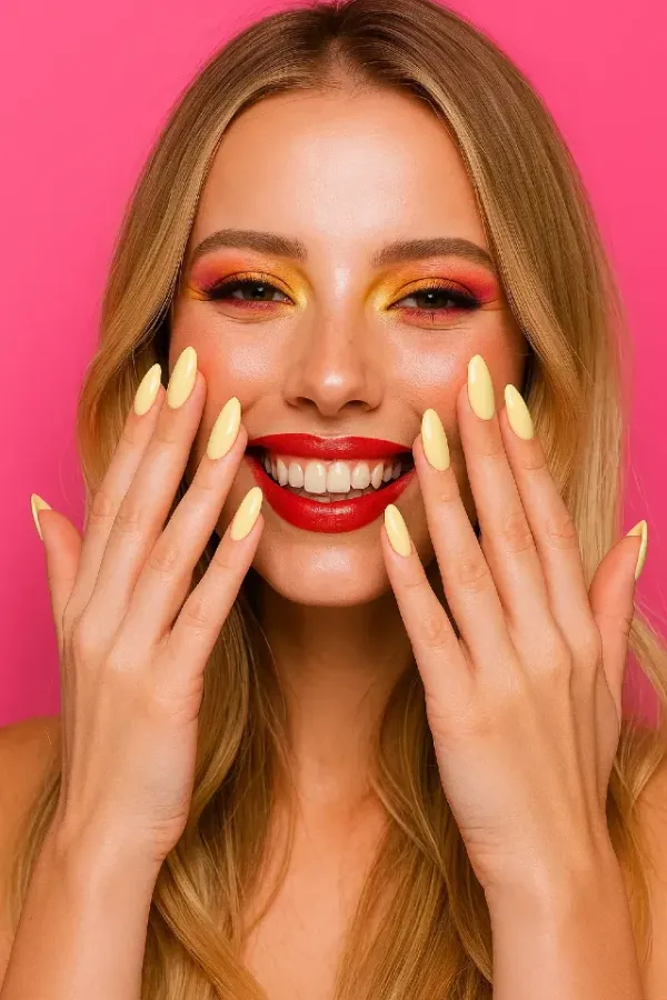 femme maquillée avec ongles jaune pastel assortis à son fard à paupières