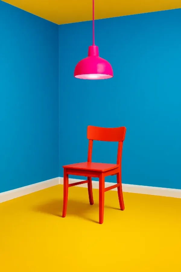 Intérieur graphique aux couleurs primaires avec chaise rouge, suspension rose, mur bleu et sol jaune vif, style minimaliste et pop