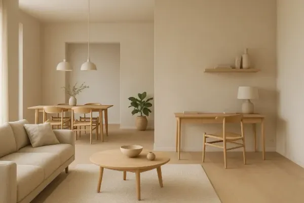 Intérieur épuré avec salon et salle à manger en bois clair, décoration beige inspirée du design nordique naturel