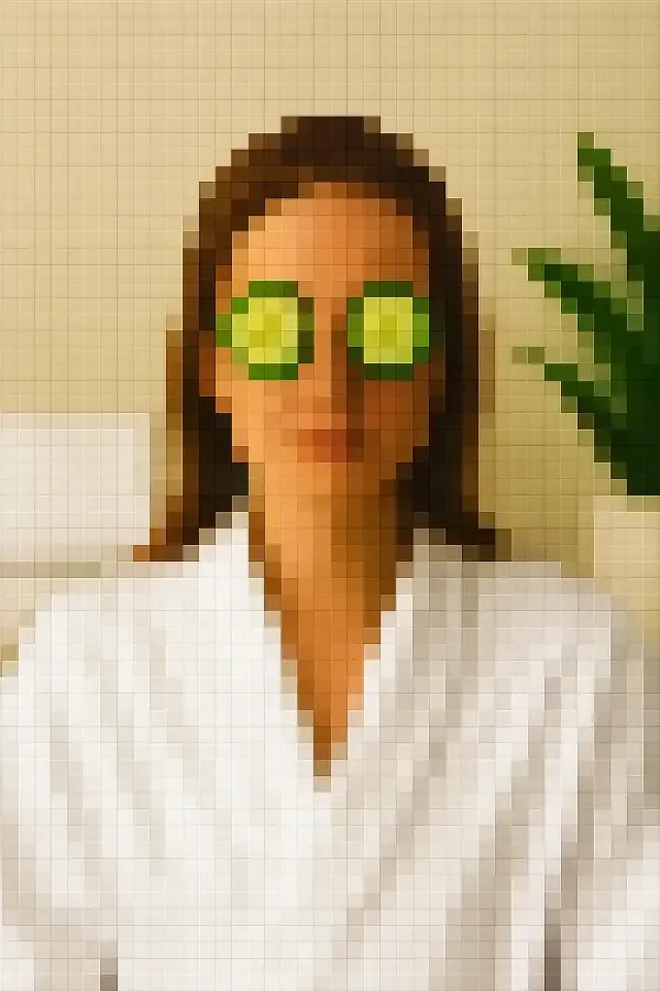 Femme en peignoir blanc avec rondelles de concombre sur les yeux, effet visuel pixelisé façon pop art spa
