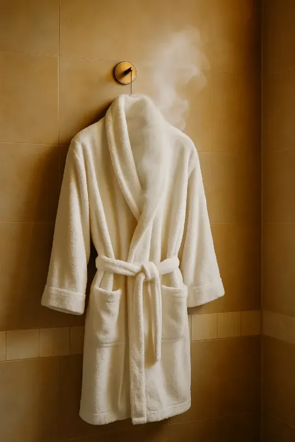 Peignoir blanc suspendu dans une salle de bain beige, vapeur visible s’échappant du col, ambiance spa enveloppante
