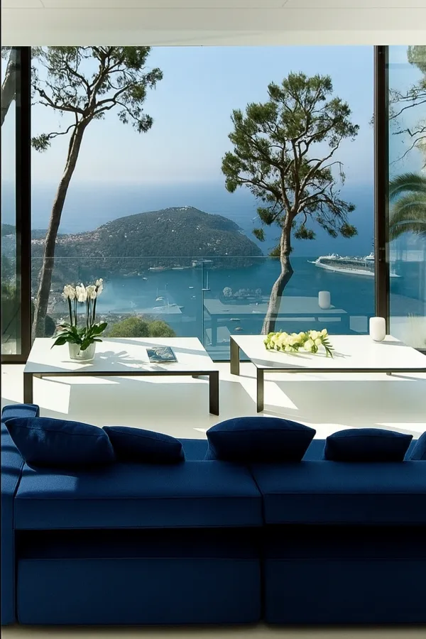 Salon contemporain avec canapé bleu face à une baie vitrée, offrant une vue panoramique sur la mer, les collines arborées et les yachts au loin