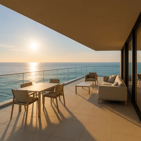 Salon contemporain baigné de lumière naturelle, avec matériaux nobles et tons neutres, ouvert sur la mer par une large baie vitrée