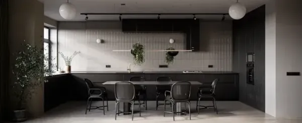 Cuisine moderne bois clair et noir mat avec îlot central, tabourets hauts et lignes épurées, ambiance contemporaine ouverte
